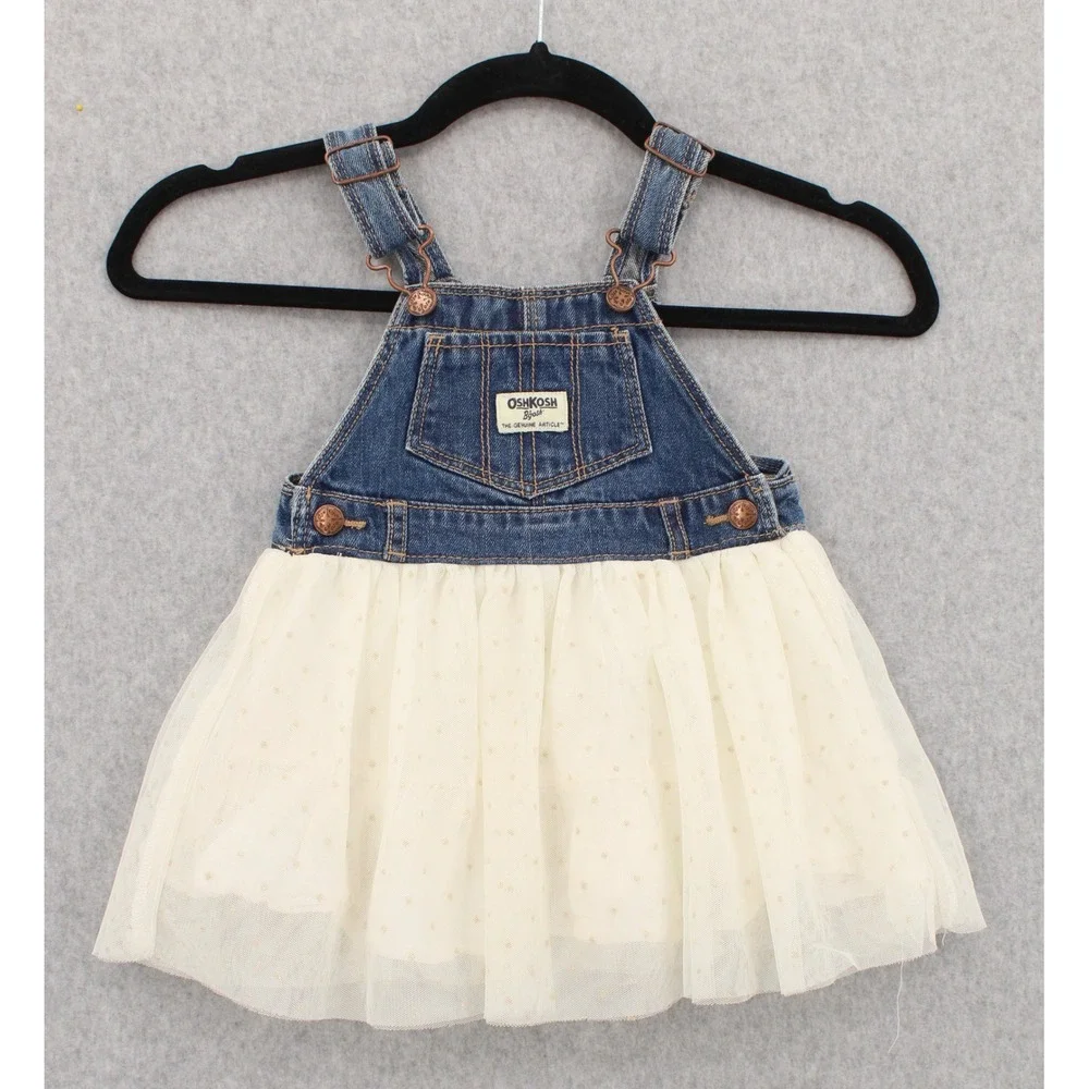 OshKosh Bgosh Baby‎ Girls 18M Denim Tulle Tutu Overall Dress Blue Cream Gold Dot